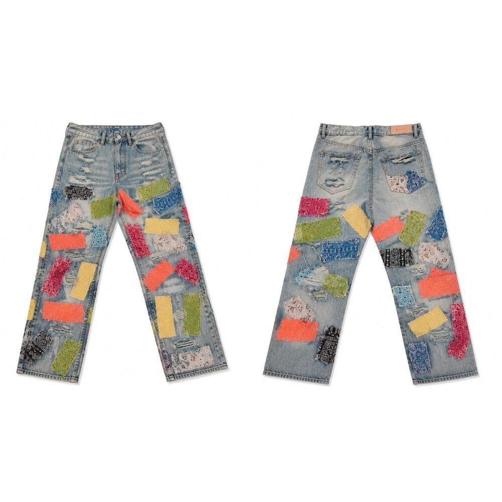 MNMI Patchwork Distressed Jeans Bandana Crochet Reworked Denim 28”